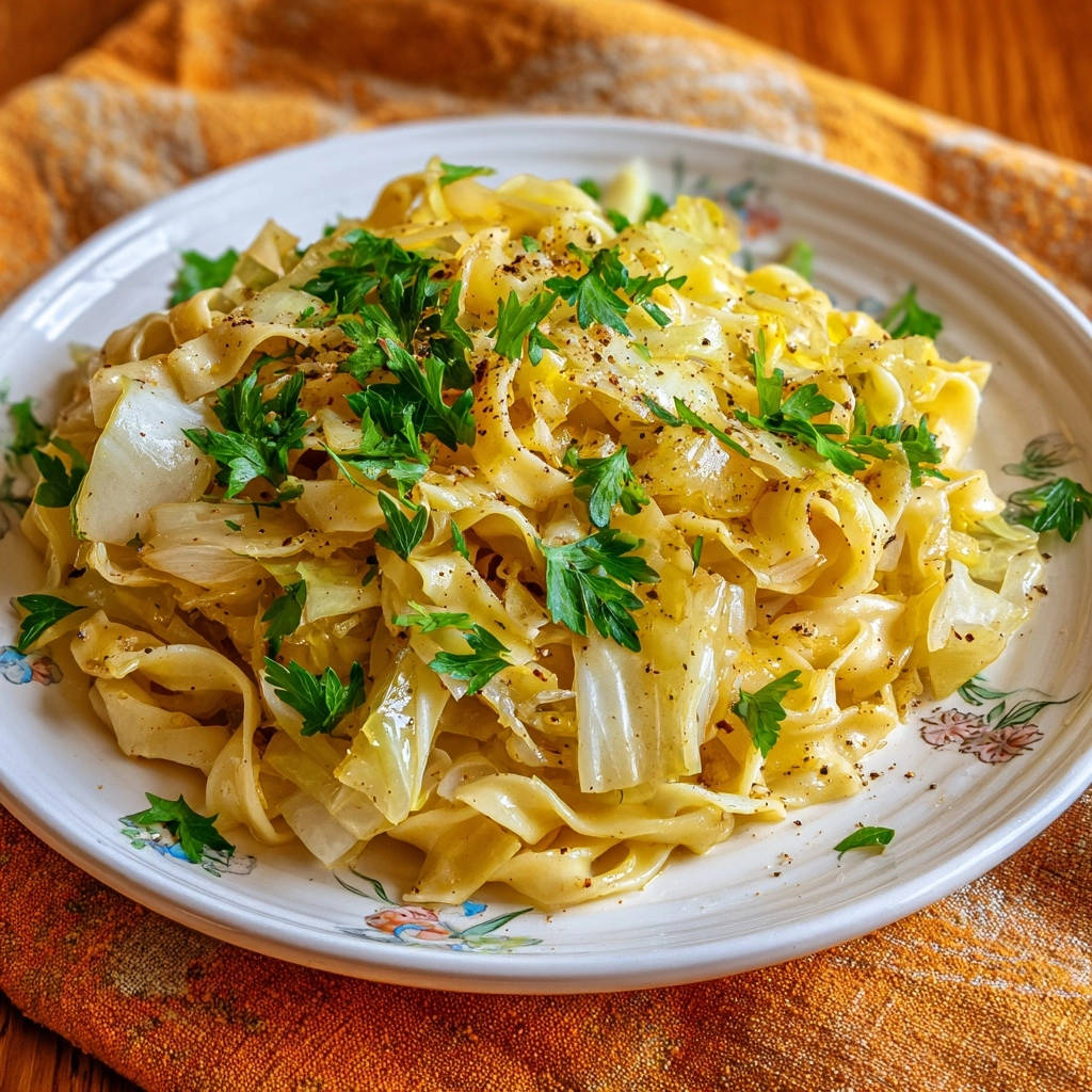Savory Cabbage & Noodles plated with fresh parsley garnish and black pepper seasoning.