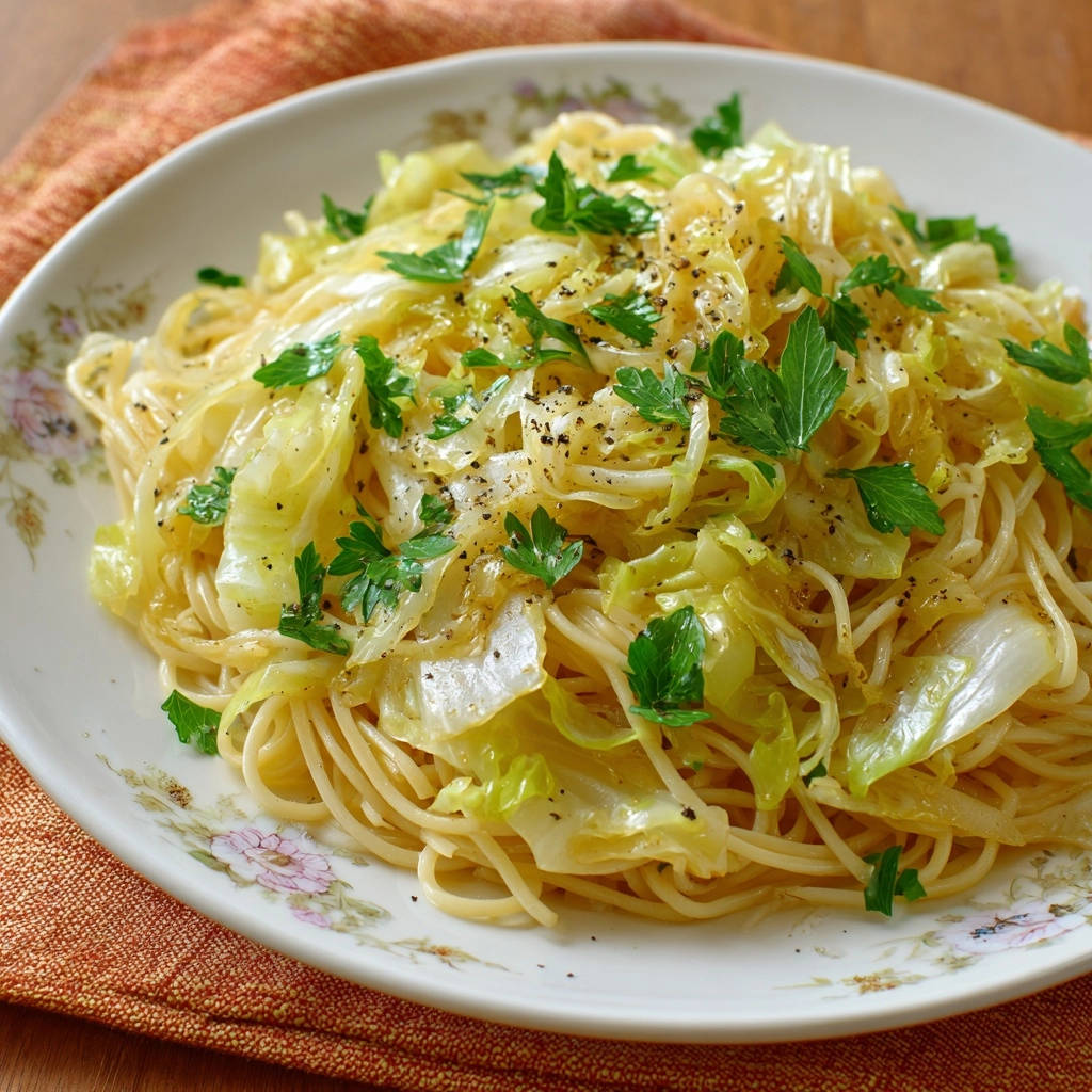 Savory cabbage & noodles plated with fresh parsley garnish and cracked black pepper.