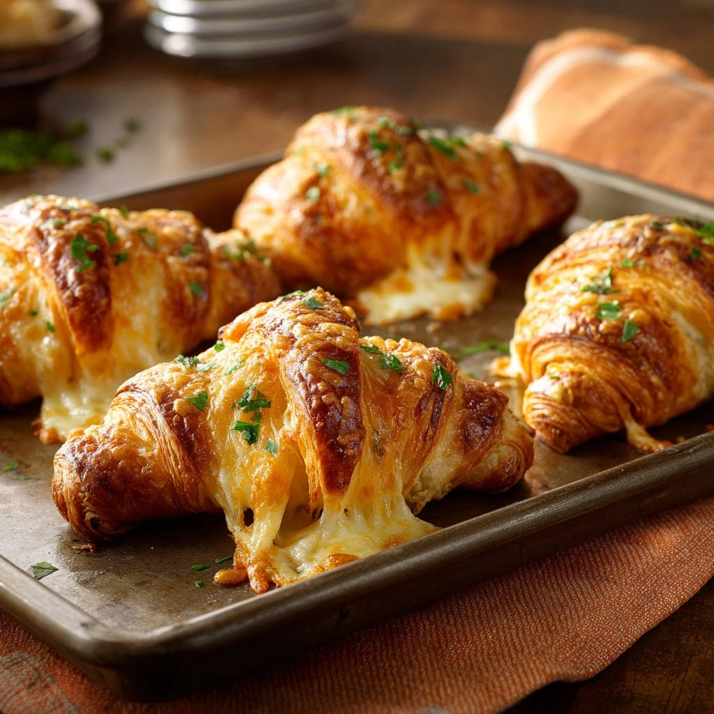 Savory cheese & herb croissants with gooey melted cheese stretching out on a baking sheet.