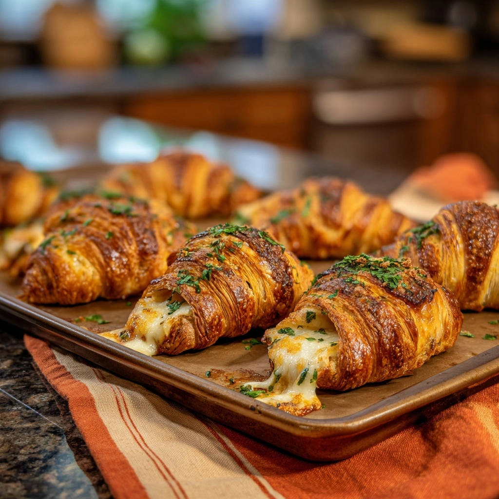 Savory cheese &amp; herb croissants oozing melted cheese, sprinkled with fresh parsley on a baking sheet.