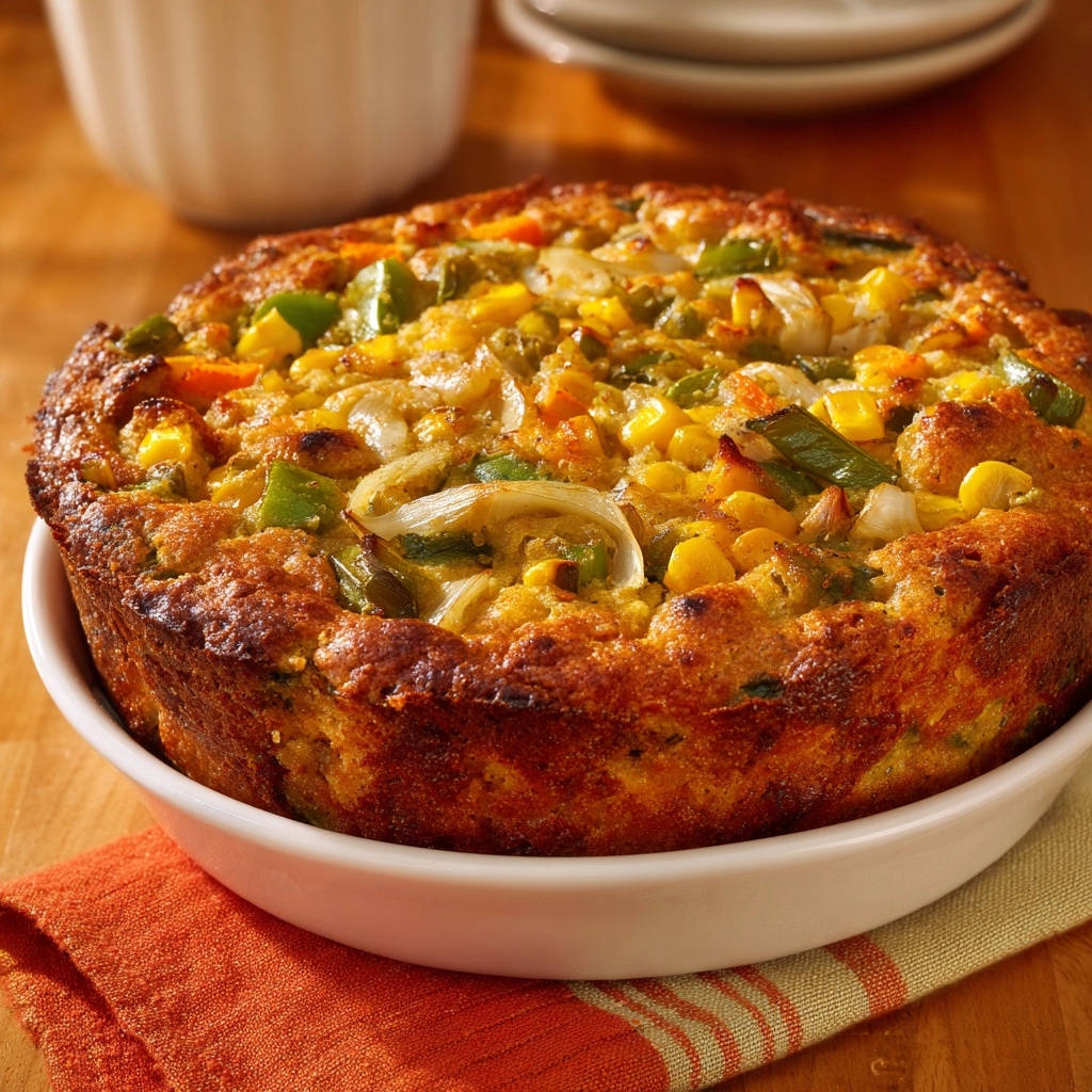 Savory cornbread bake with a close-up view of the moist vegetable and corn topping.