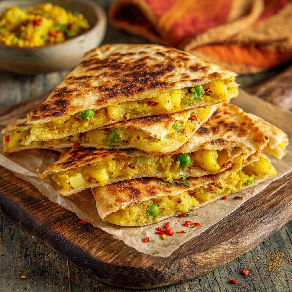 Savory potato flatbread pockets, showcasing a close-up cross-section revealing the potato and pea filling.