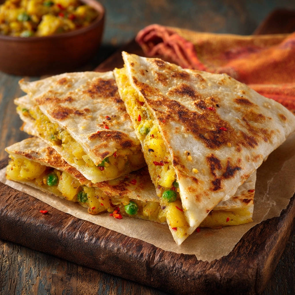 Savory potato flatbread pockets shown in a cross-section, revealing the filling of potatoes and peas.