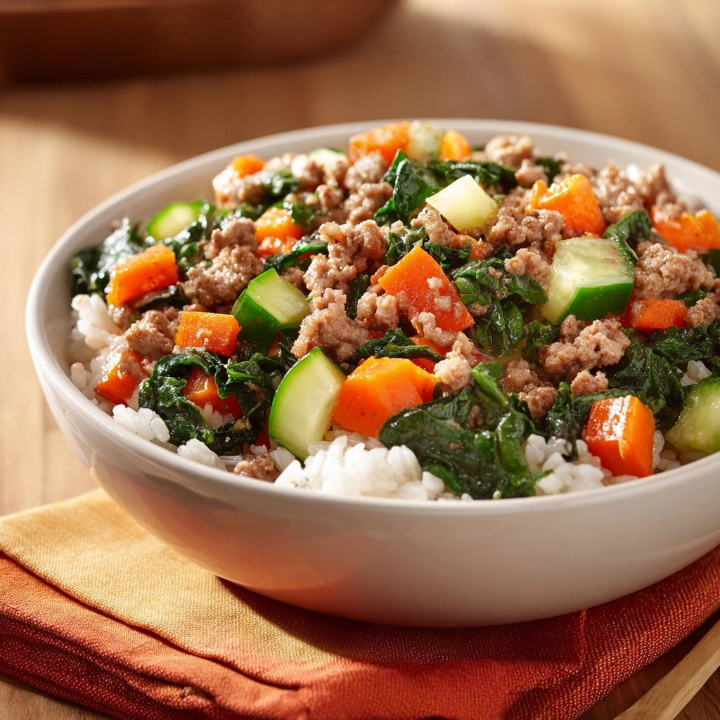 Savory turkey & veggie rice bowl shown in a close-up side view with ground turkey, carrots, spinach, and cucumber over white rice.