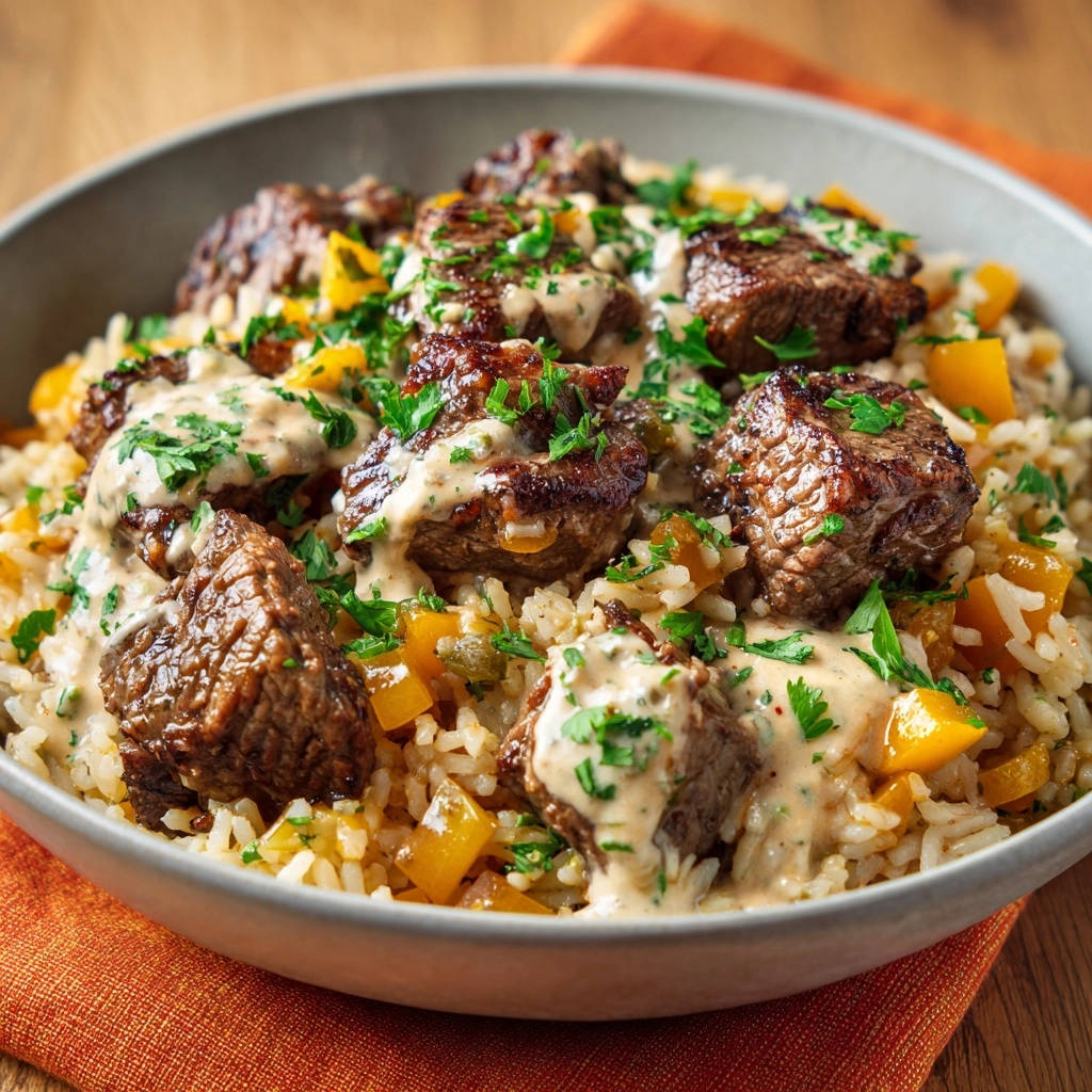 Seared beef tips with creamy herb sauce served in a bowl on rice and yellow bell peppers, presented in an overhead view.