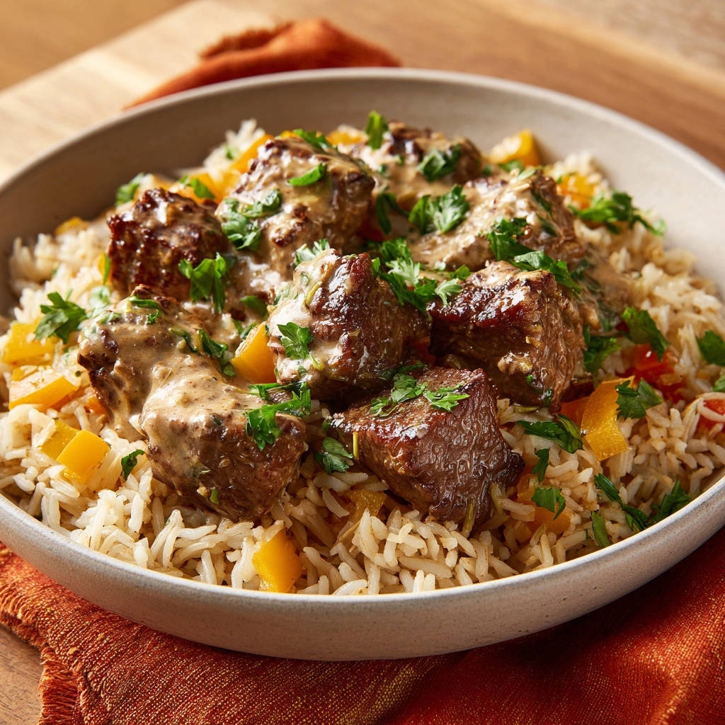 Seared beef tips with creamy herb sauce served over rice, showcasing the tender meat and garnish in a close-up view.