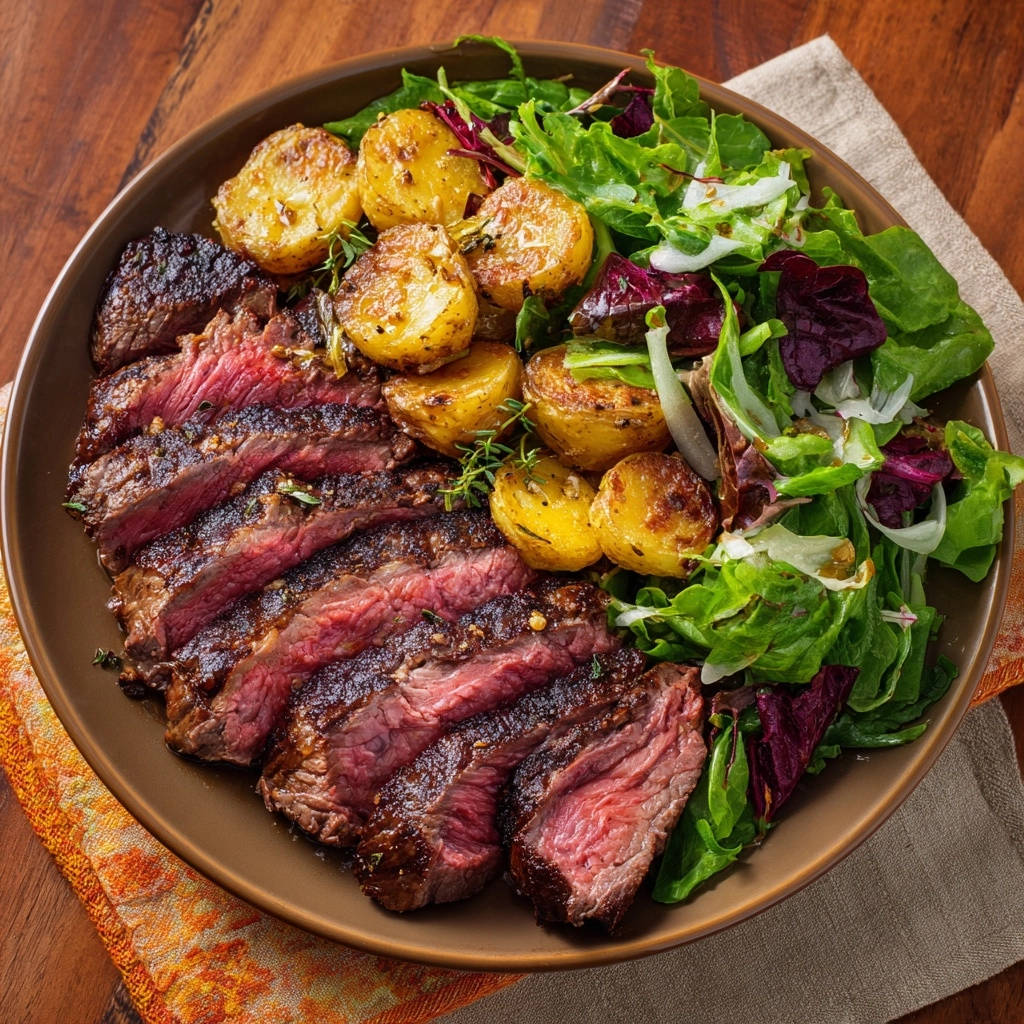 Perfectly seared steak and potatoes shown as a sliced cross-section with a side salad on a brown plate.