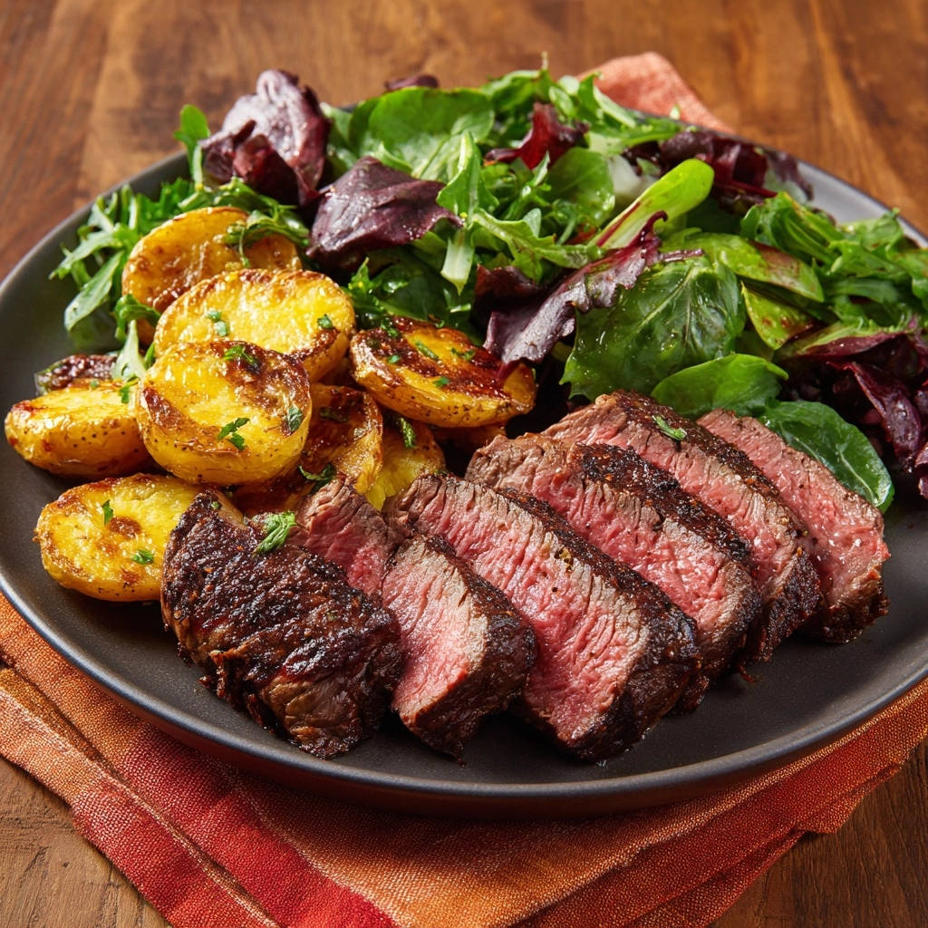 Perfectly seared steak and potatoes shown in a close-up with a sliced cross-section revealing a juicy interior.