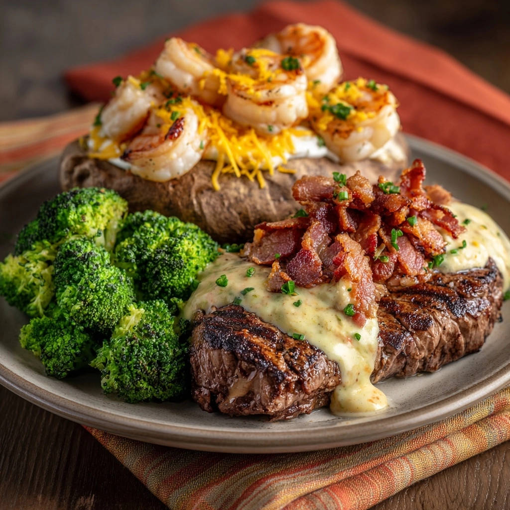 Seared steakhouse dinner with shrimp and baked potato, served with broccoli and a creamy sauce.