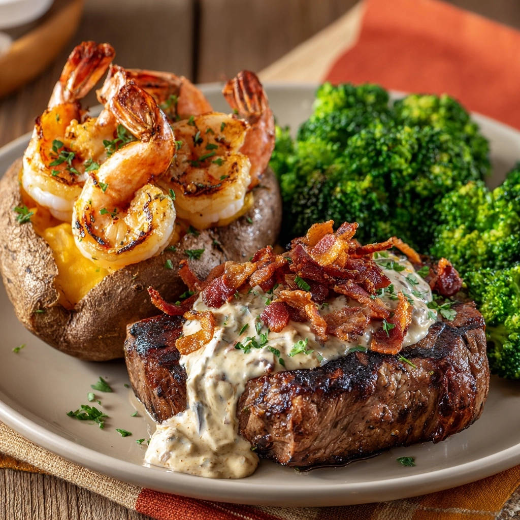 Seared steakhouse dinner plated with grilled shrimp, a loaded baked potato, and broccoli.