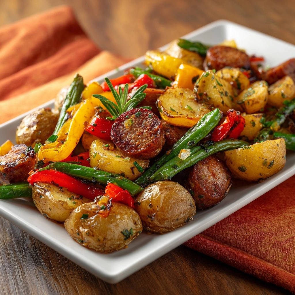 Sheet pan sausage & veggie bake served in a white rectangular dish, showcasing roasted potatoes, peppers, and green beans.