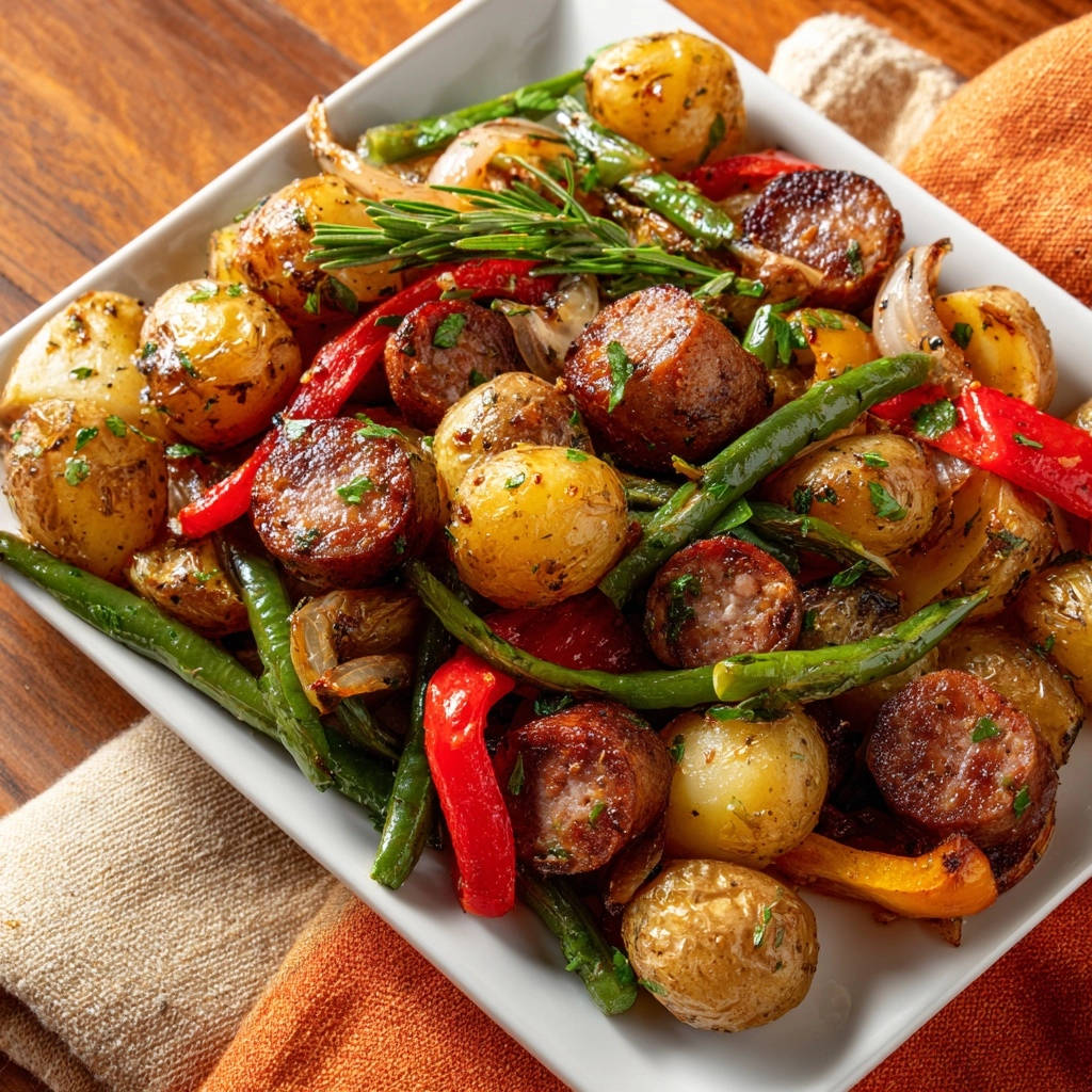 Sheet pan sausage & veggie bake shown in an overhead view on a white platter with roasted potatoes, green beans, and peppers.
