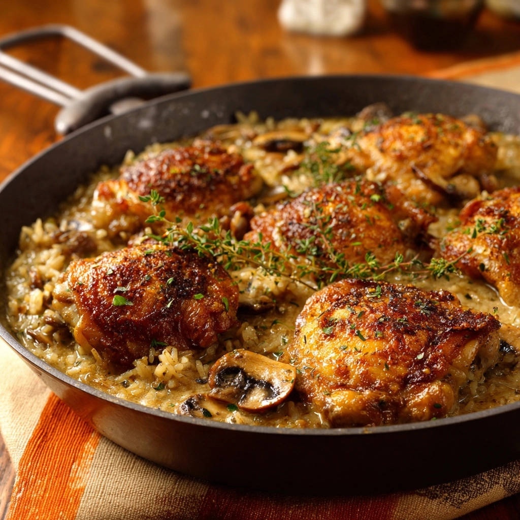 Skillet chicken and mushroom rice with crispy skin shown in a close-up view of the entire dish in the pan.