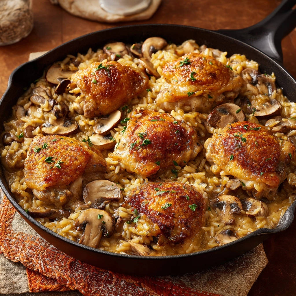 Skillet chicken and mushroom rice featuring five golden-brown chicken thighs nestled in creamy rice with sliced mushrooms.