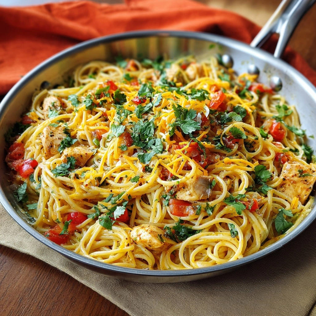 Skillet chicken spaghetti shown close-up in a stainless steel pan, topped with shredded cheese and fresh cilantro.