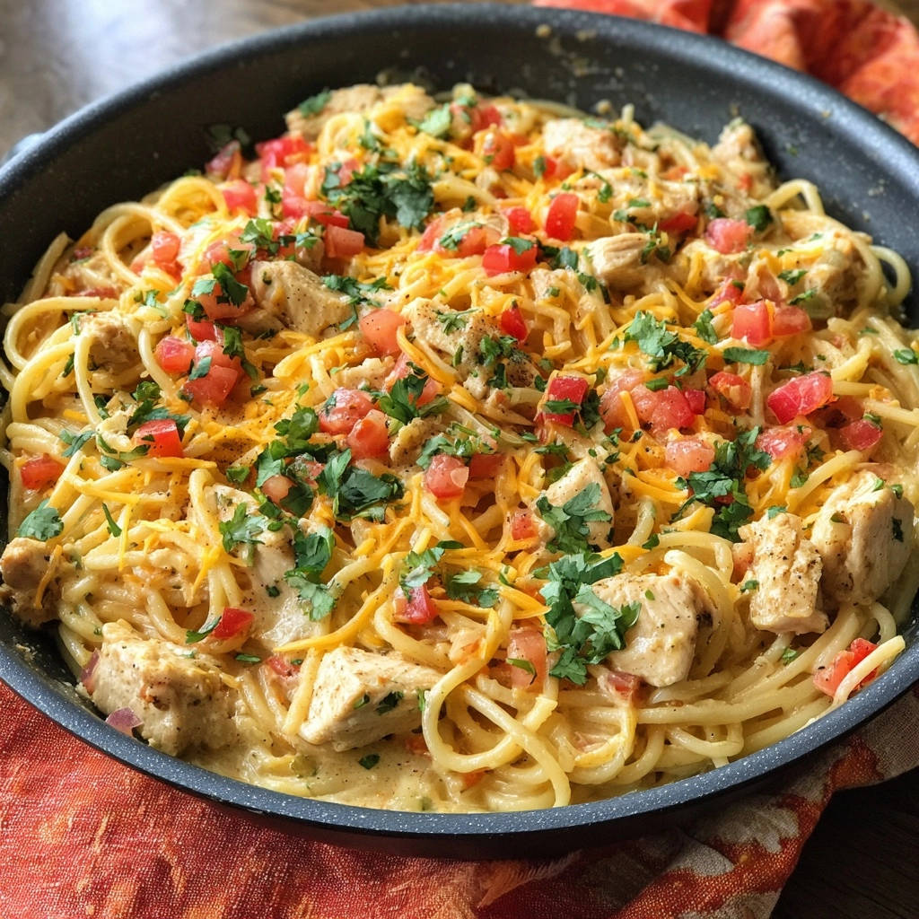 Skillet chicken spaghetti shown as a creamy dish with diced tomatoes and shredded cheese in a black pan.