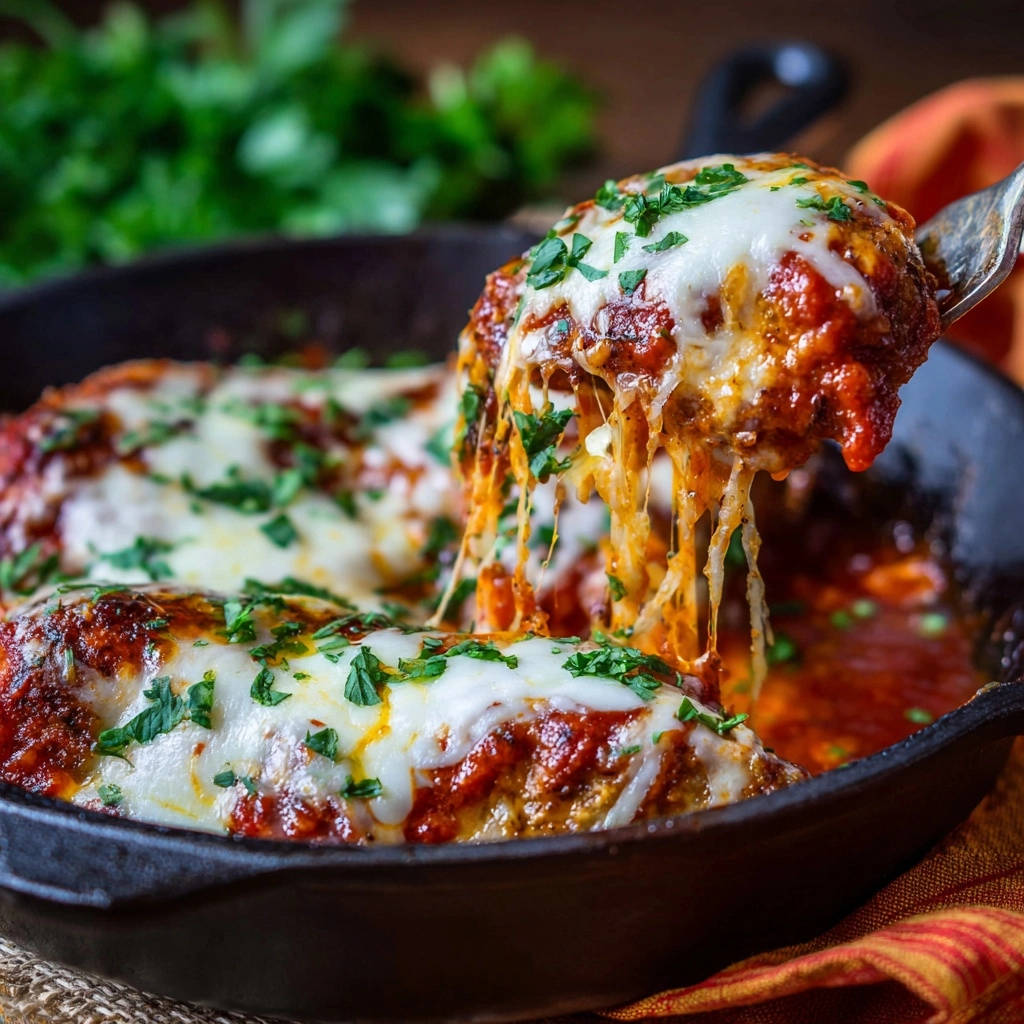 Skillet meatballs with marinara and melty mozzarella showcasing a tempting cheese pull as one is lifted from the pan.