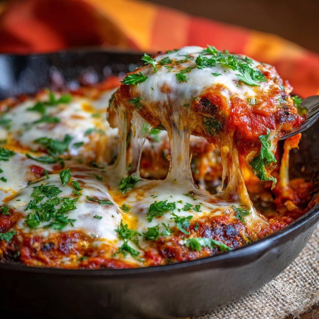 Skillet meatballs with marinara and melty mozzarella cheese pull, showcasing gooey cheese stretching from a fork.