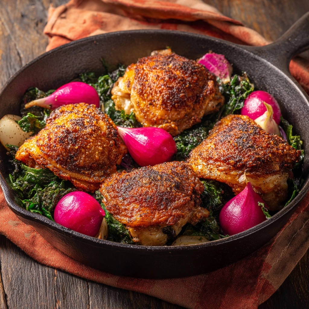 Skillet roasted chicken thighs with greens and radishes served in a cast iron pan, overhead view.