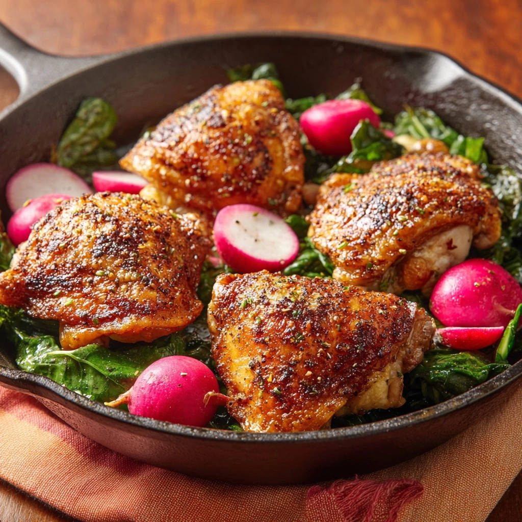 Skillet roasted chicken thighs with greens and radishes, showcasing the golden-brown crispy skin and vibrant pink radish slices.