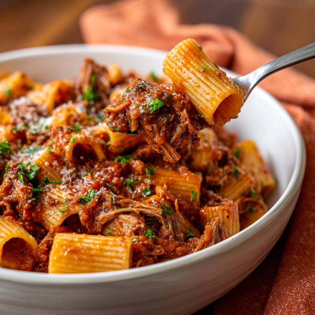 Slow cooker beef ragu with rigatoni, captured as a forkful is lifted, showing the rich sauce and tender meat.