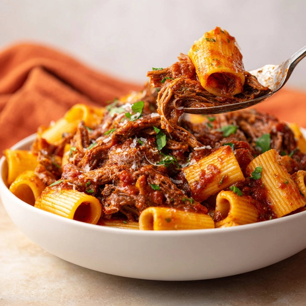 Slow cooker beef ragu with rigatoni, showing a fork lifting a portion with shredded beef and pasta.