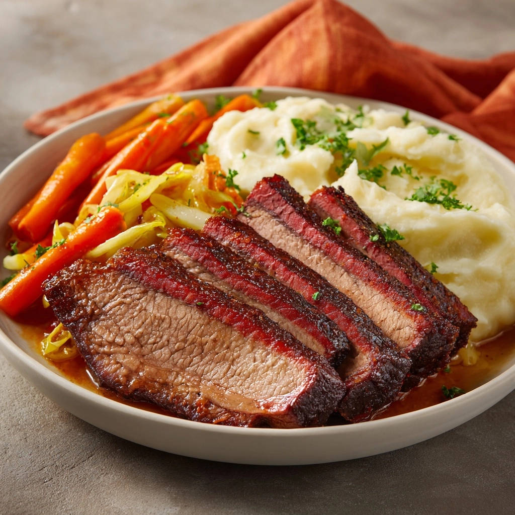 Slow-cooker brisket perfection shown in a close-up cross-section revealing tender, layered meat.