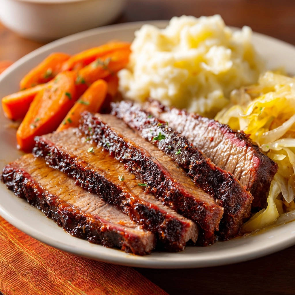 Slow-cooker brisket perfection served sliced on a plate with mashed potatoes and carrots.