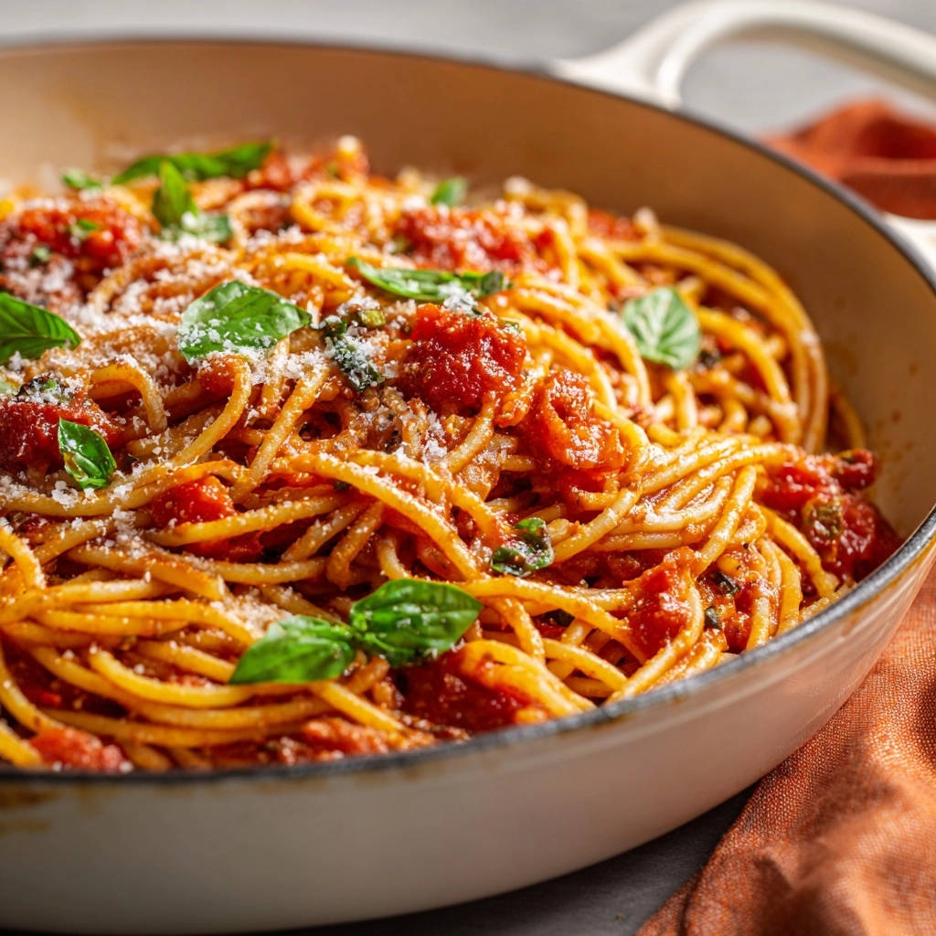 Classic Spaghetti with Rich Tomato Sauce showing the pasta coated in sauce, served in a pot.