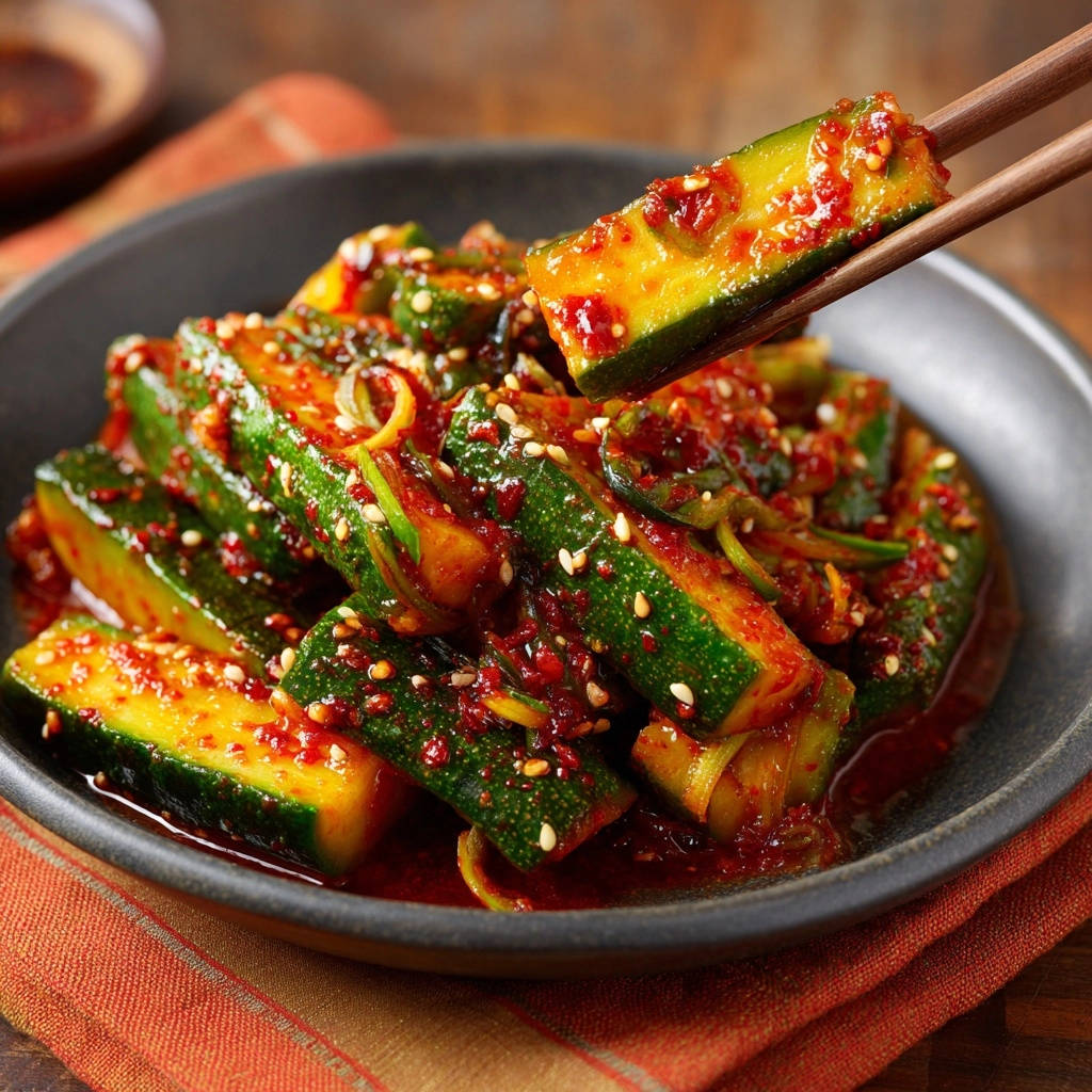 Spicy Korean cucumber salad being lifted with chopsticks from a dark bowl, showing the glistening marinade.