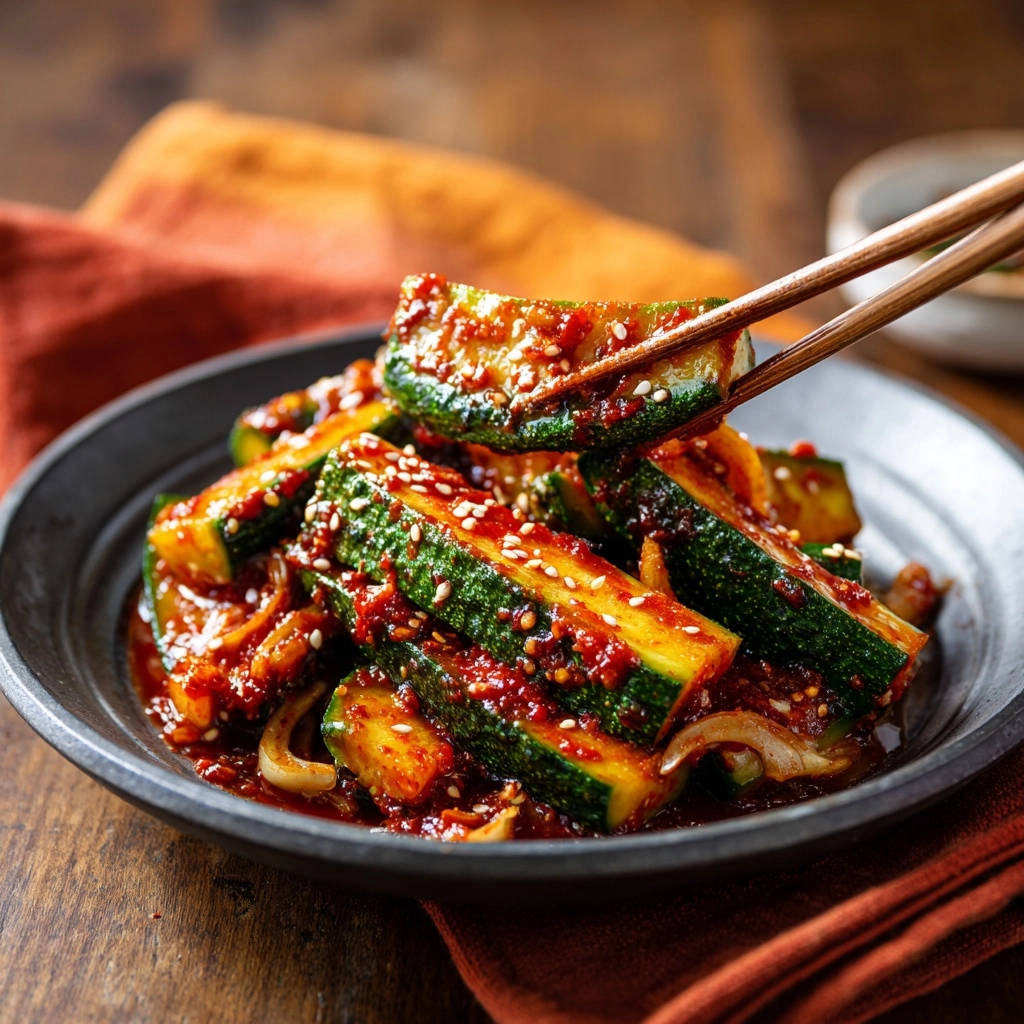 Spicy Korean cucumber salad with chopsticks lifting a piece, showing the zesty sauce and sesame seeds.