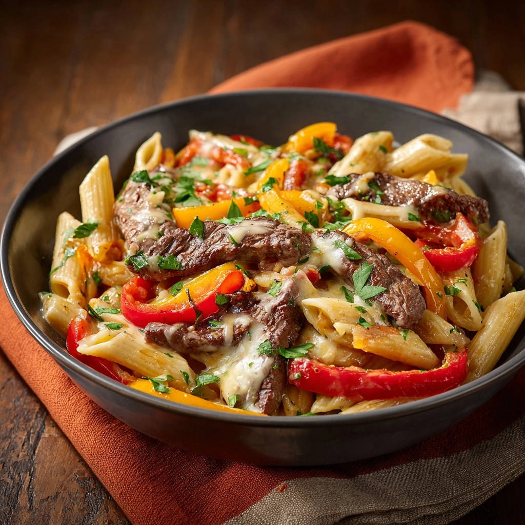 Steak & Pepper Penne Pasta served in a dark bowl, featuring tender beef and colorful bell peppers with melted cheese.