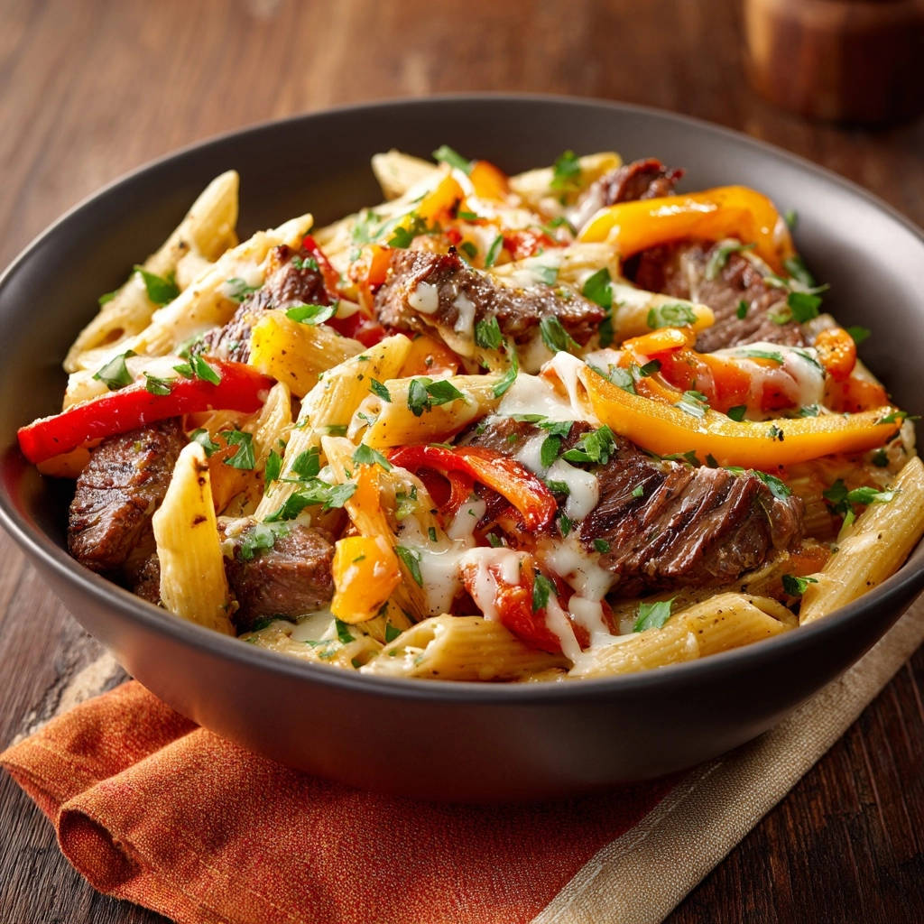 Steak and pepper penne pasta shown in a close-up view of a dark bowl filled with the dish.