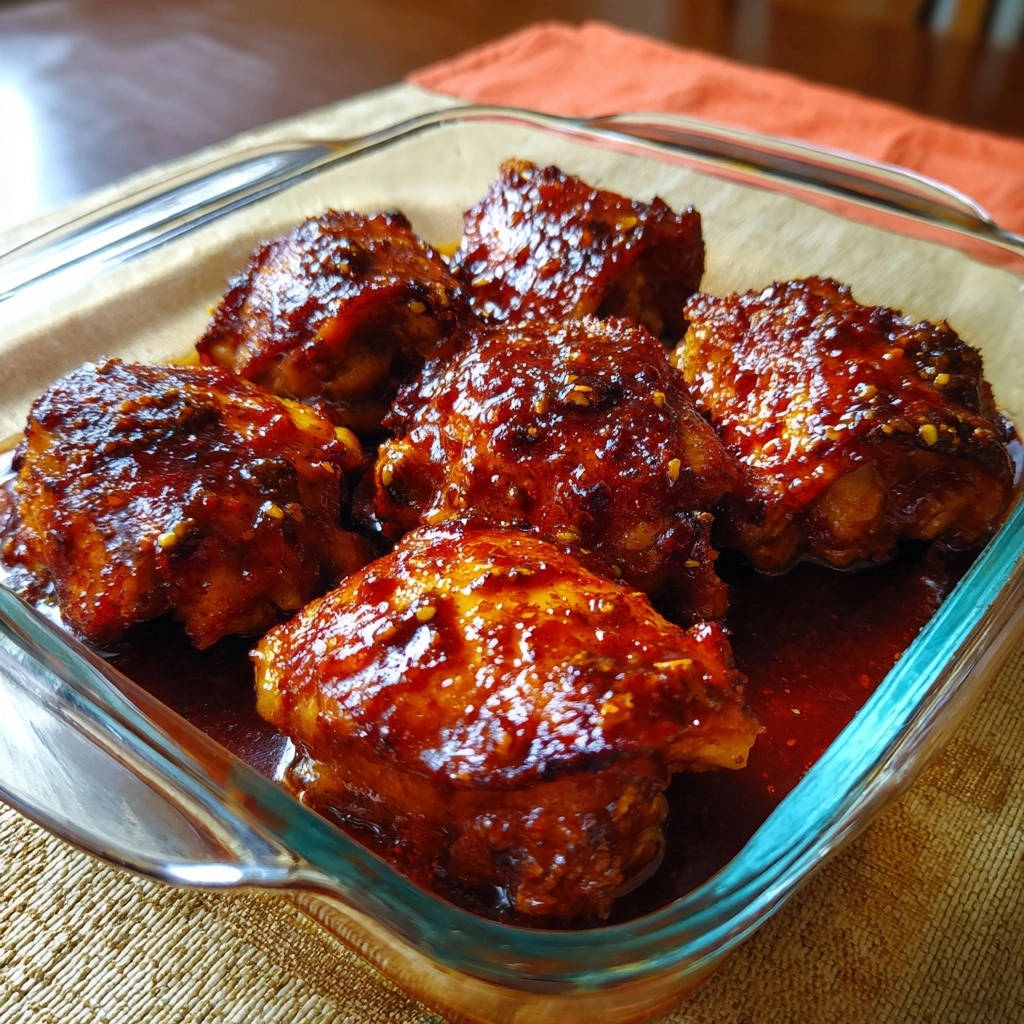 Sticky BBQ glazed chicken thighs glistening in a glass dish, showcasing the rich glaze up close.