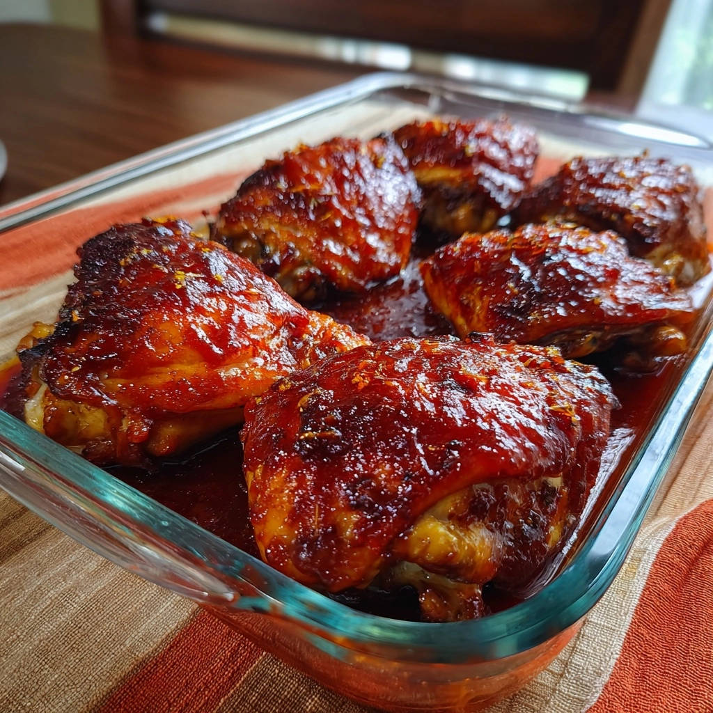 Sticky BBQ glazed chicken thighs glistening in a glass baking dish, showcasing their rich sauce.