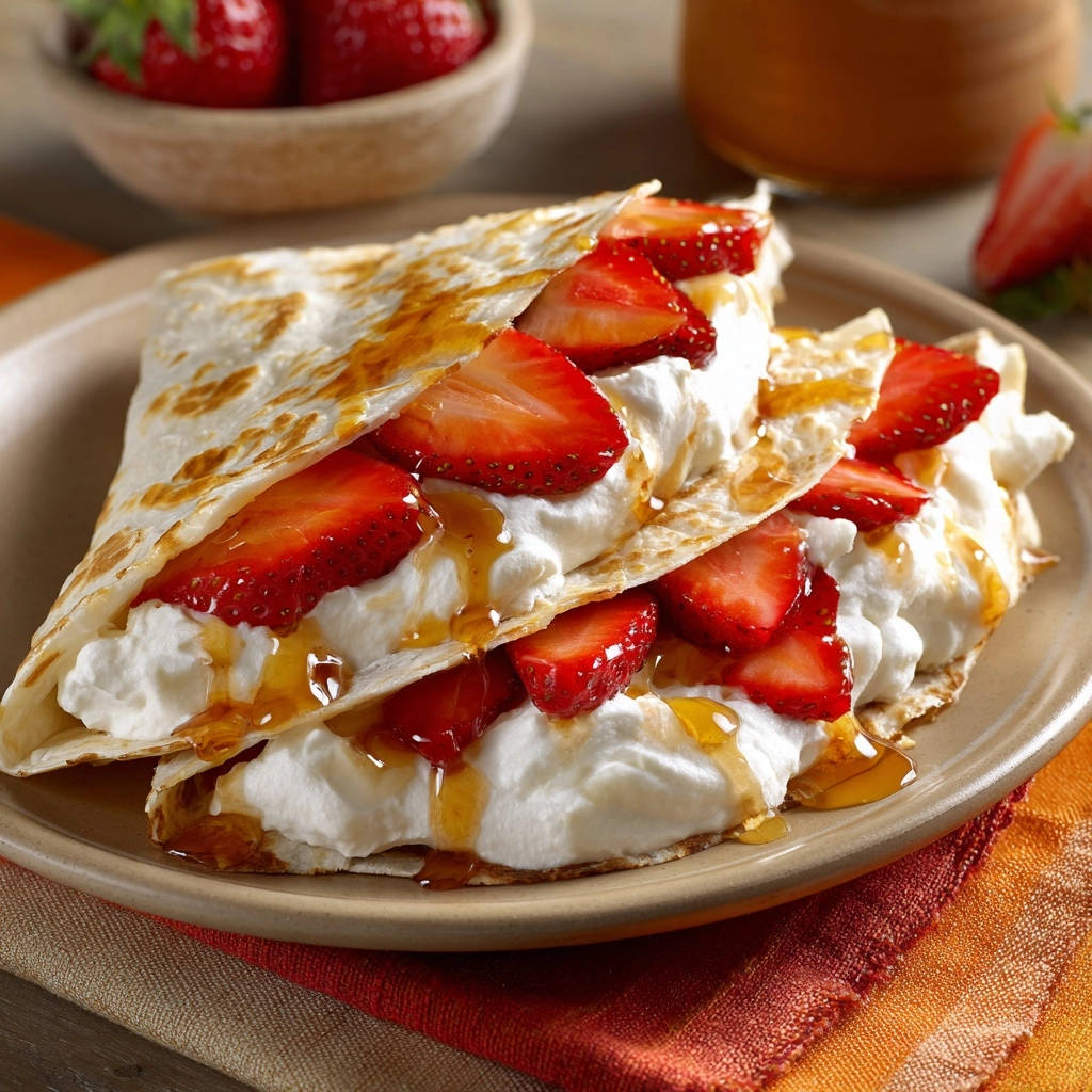 Strawberry Dream Dessert Tortillas with a close-up view of drizzled honey and fresh strawberries.