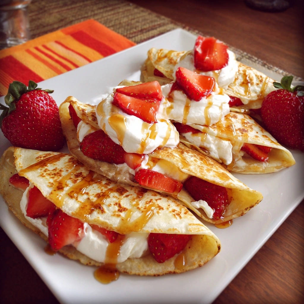 Strawberry Dream Dessert Tortillas are served on a white plate with fresh strawberries and a drizzle of syrup.