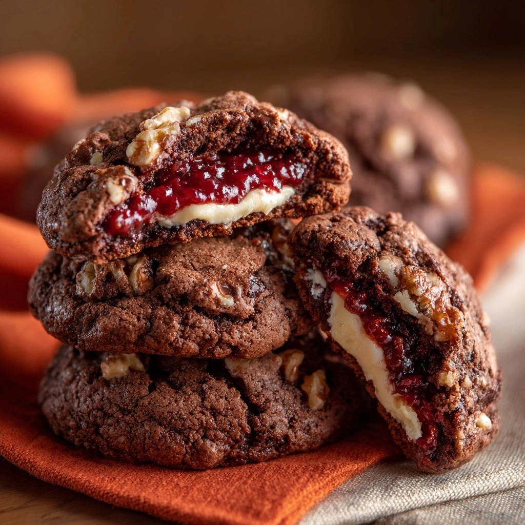 Stuffed chocolate walnut cookies cross-section showing the creamy white and red jam filling and walnuts.