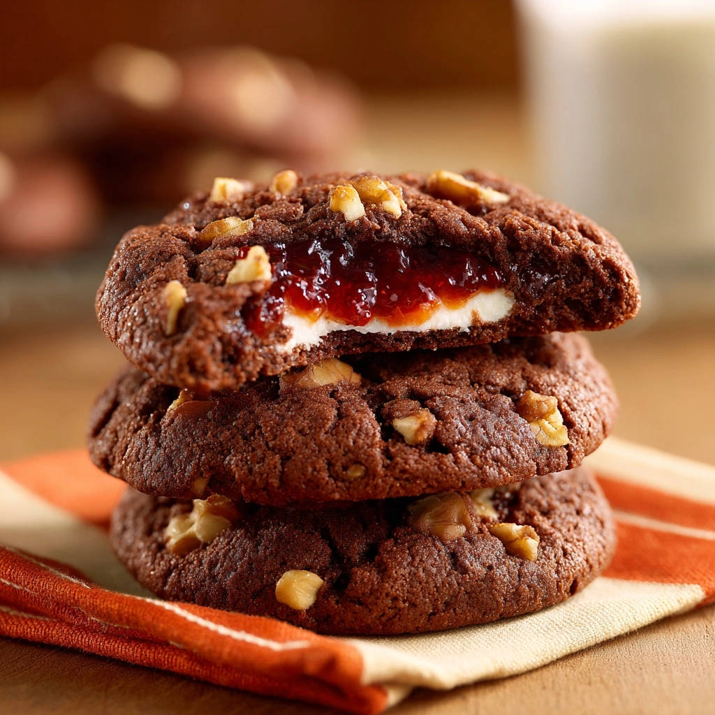 Stuffed chocolate walnut cookies cross-section stack showing the jam and cream filling with walnuts on top.