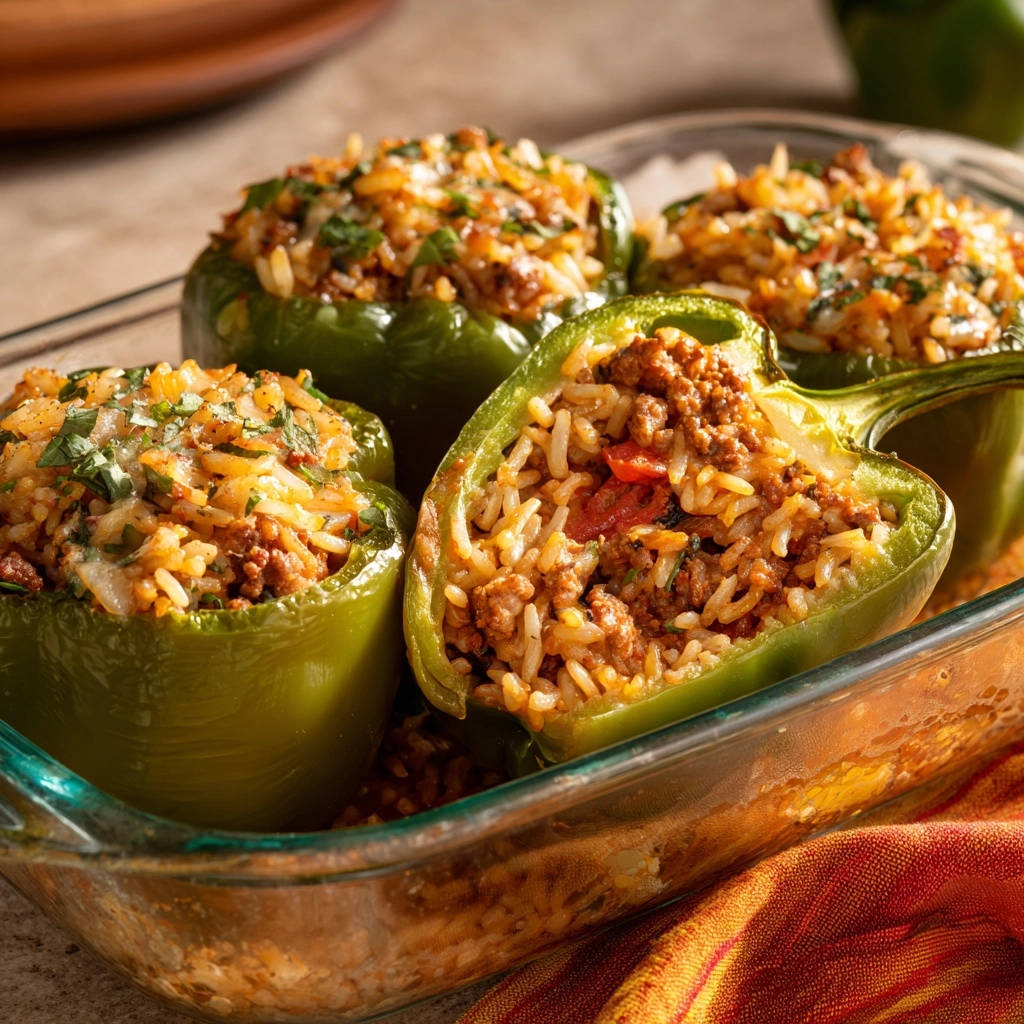 Perfectly tender stuffed peppers shown in a close-up cross-section within a glass baking dish.