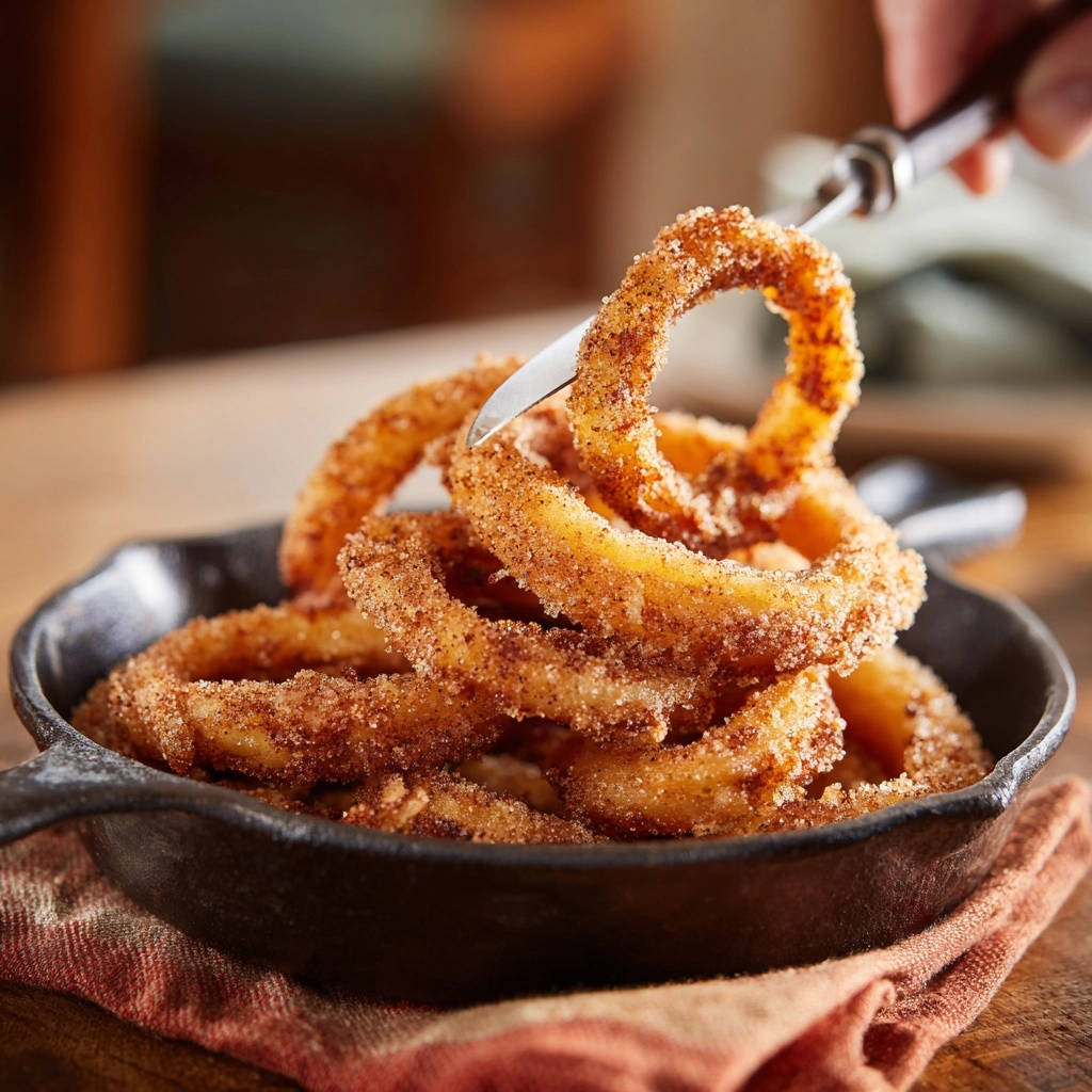 Sweet cinnamon rings being picked up with a fork, showing their textured sugar coating.