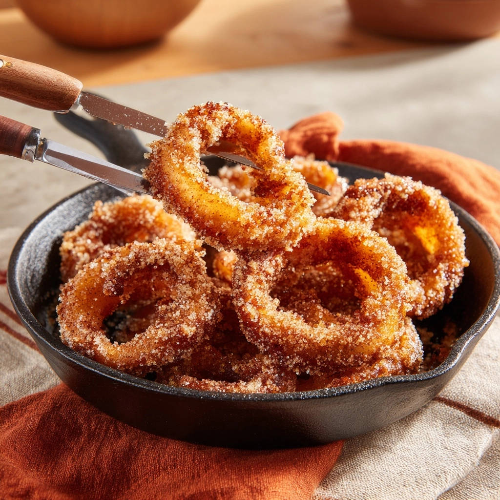 Sweet cinnamon rings coated in sugar and spices, presented in a cast iron skillet.