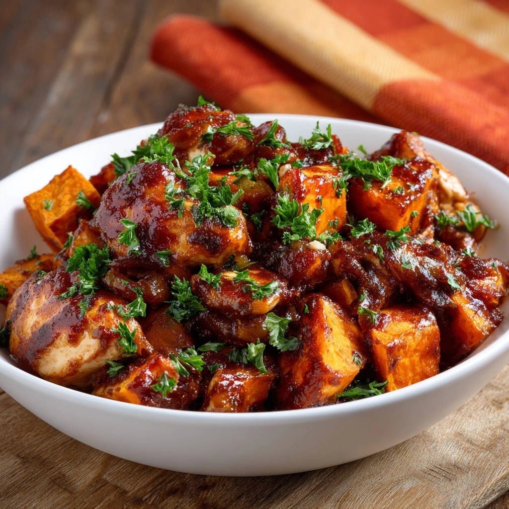 Sweet Potato & Chicken Skillet with a generous garnish of fresh parsley in a white bowl.