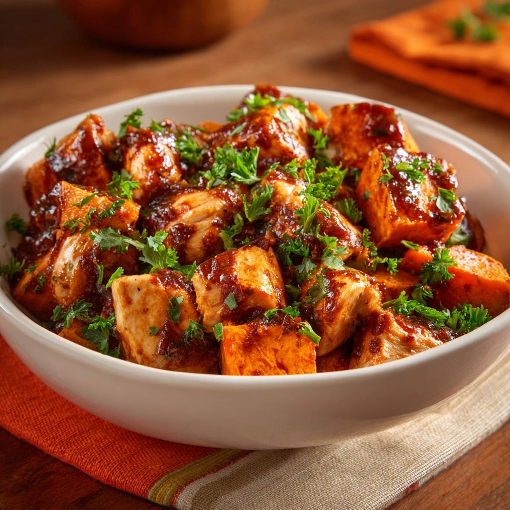 Sweet potato and chicken skillet with a close-up view highlighting the fresh parsley garnish.