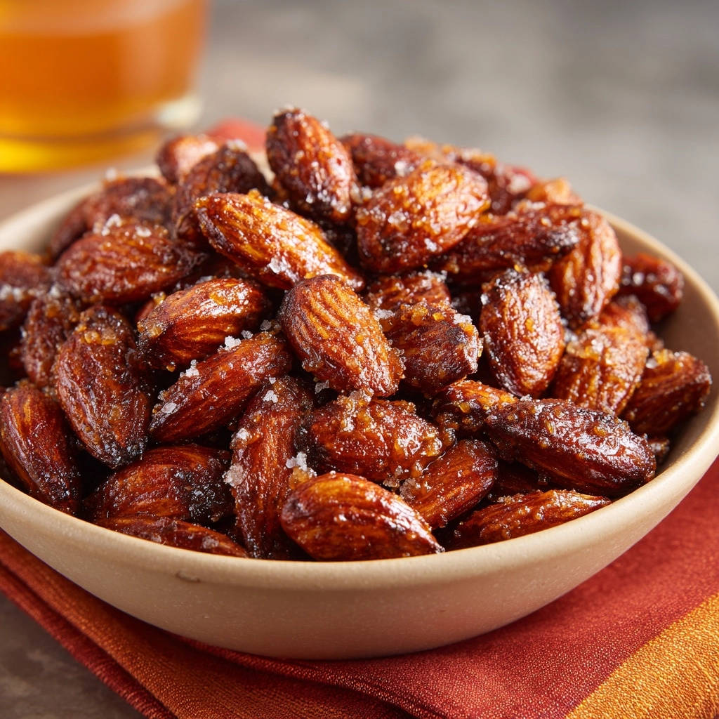 Sweet & Salty Candied Almonds shown in a close-up detail shot, highlighting their glistening glaze and coarse salt topping.