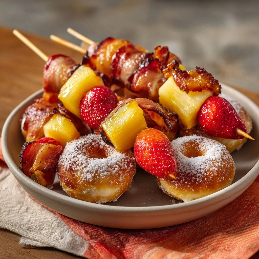 Sweet &amp; Savory Breakfast Skewers with donuts, strawberries, and bacon on a plate.