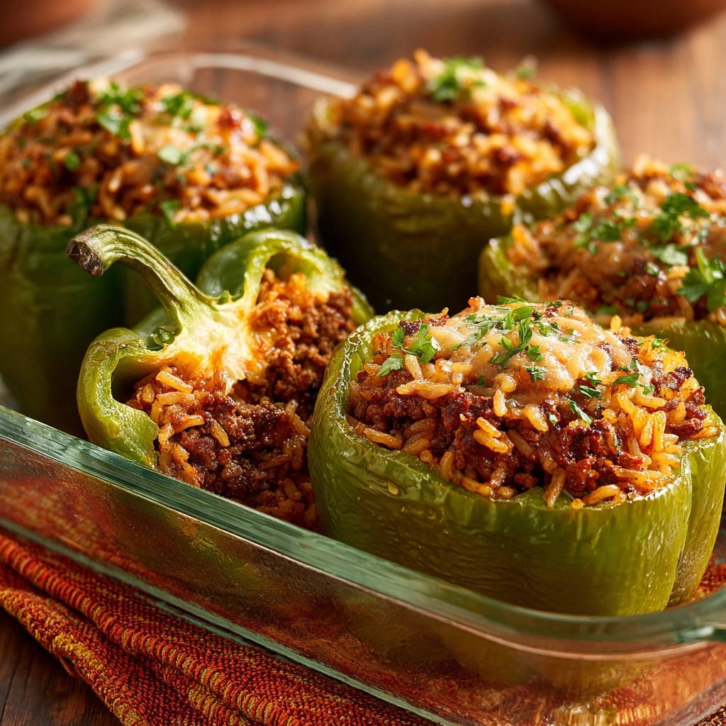 Tender stuffed peppers shown in a close-up cross-section, revealing the savory meat and rice filling.
