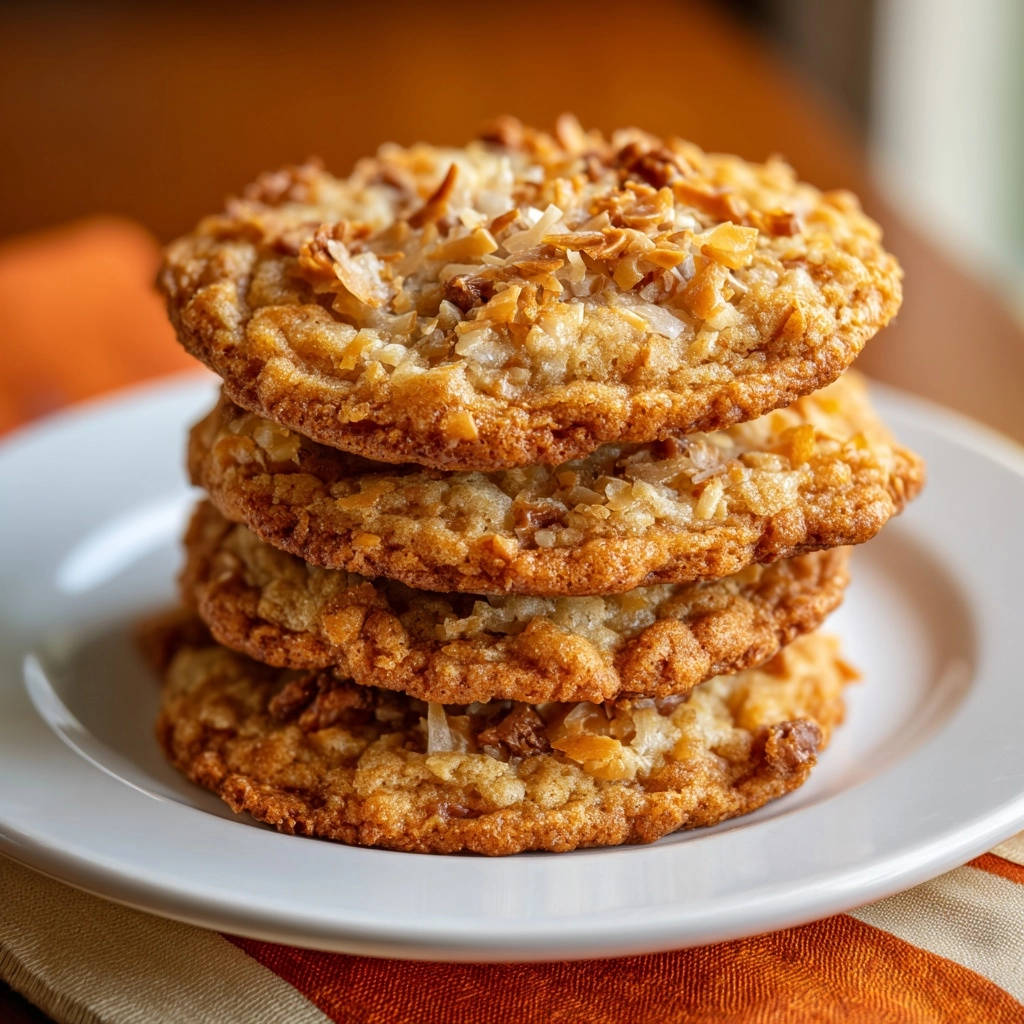 Toasted coconut cookies, a stack of four thick, round cookies topped with toasted coconut flakes, shown in a close-up detail.