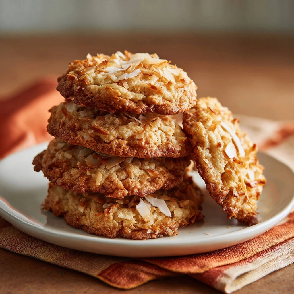 Toasted coconut cookies stacked on a white plate, showcasing their thick, round shape and toasted coconut topping.