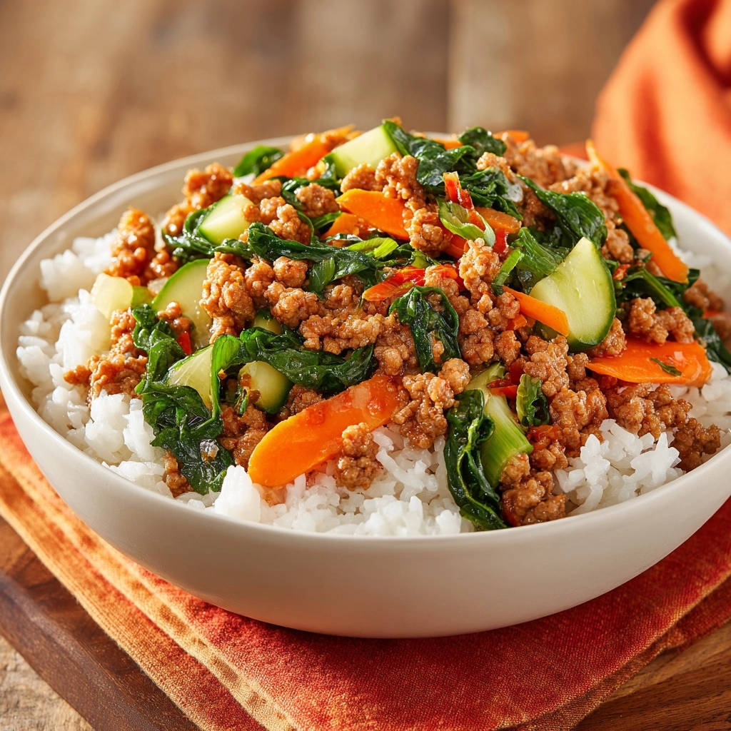 Savory Turkey &amp; Veggie Rice Bowl, a close-up of the ground turkey and mixed vegetables topping fluffy white rice.